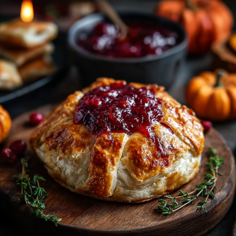 A baked brie with red jam on a wooden table.