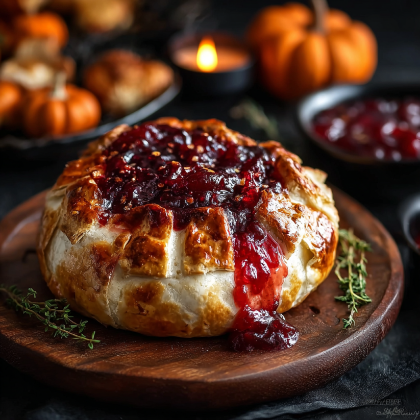 A baked brie with red jam on a wooden platter.