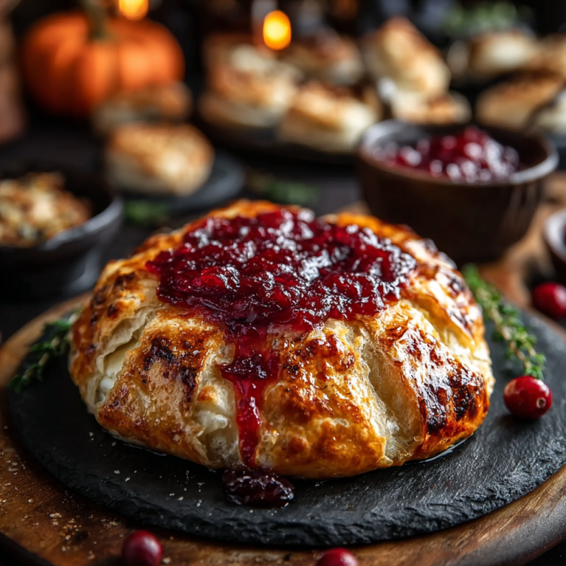 A baked brie with red jelly on top.