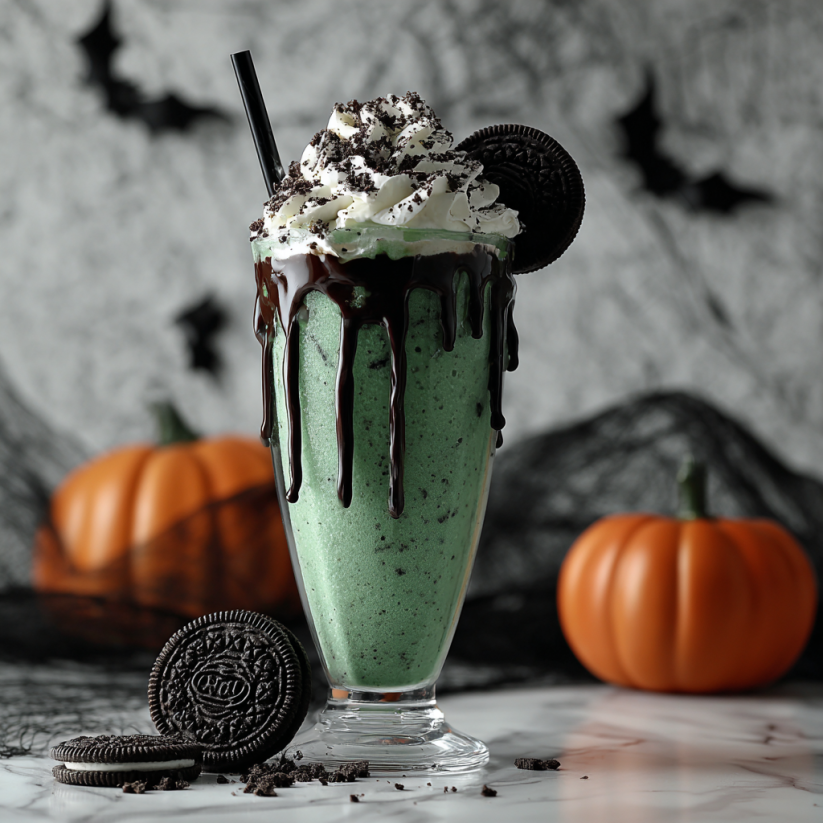 A glass of Witch's Brew Mint Chocolate Milkshake.