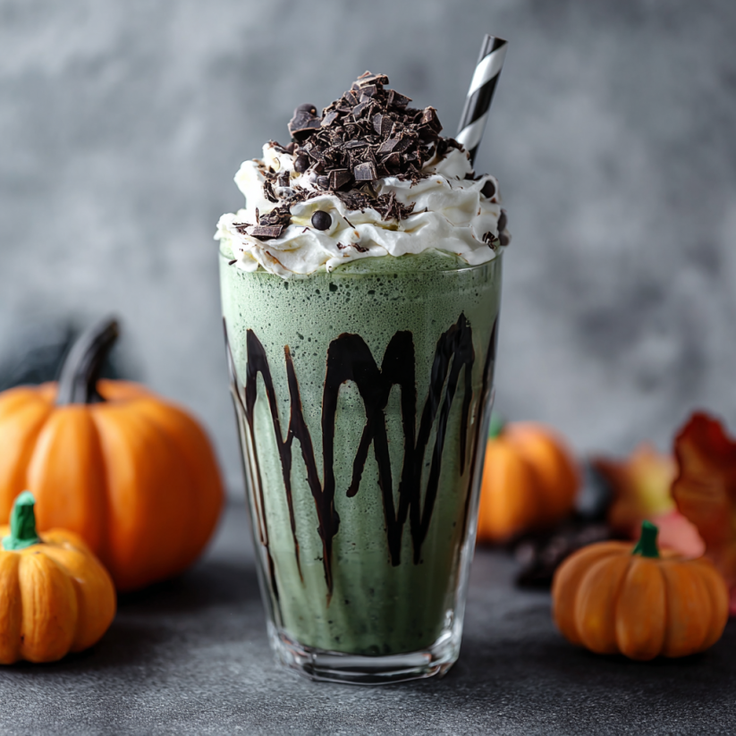 A glass of Witch's Brew Mint Chocolate Milkshake.
