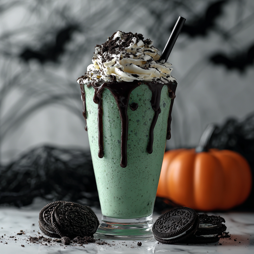 A glass of Witch's Brew Mint Chocolate Milkshake.