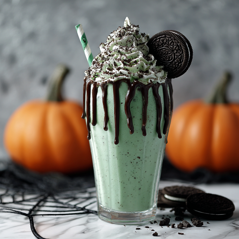 A glass of Monster Mash Cookies and Cream Milkshake.