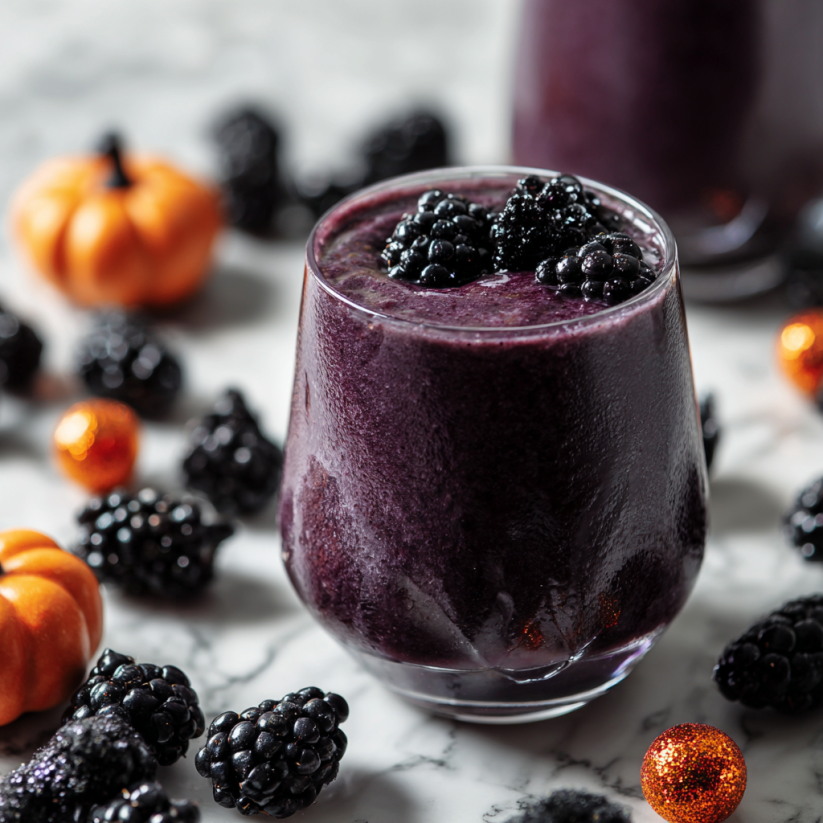 A glass of Haunted Black Smoothie with blackberries and a pumpkin on the table.