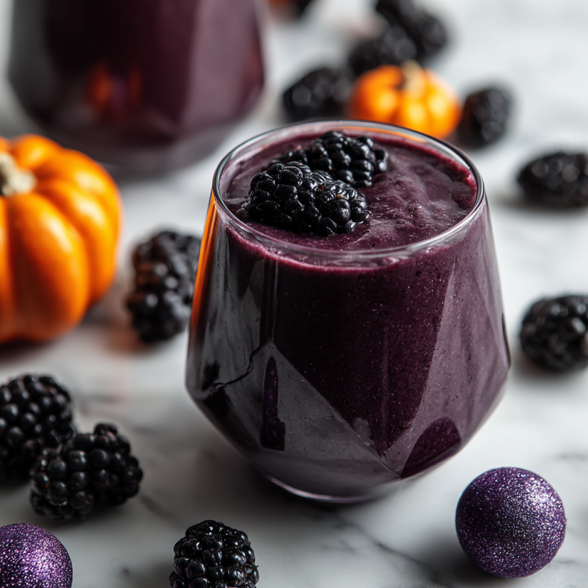 A glass of Haunted Black Smoothie with blackberries and a pumpkin.