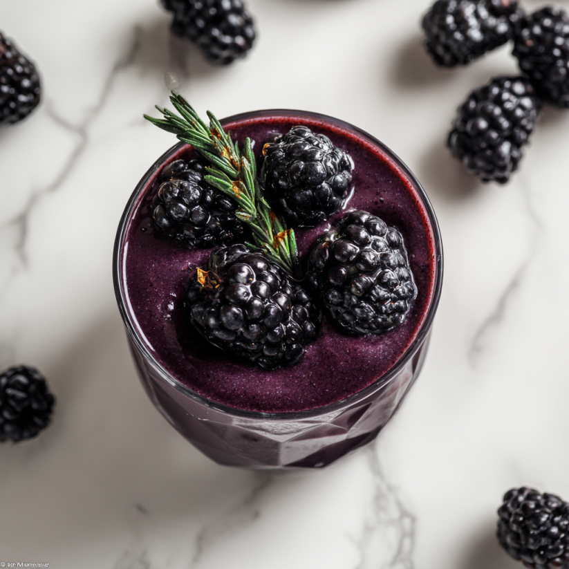 A glass of Haunted Black Smoothie with a sprig of mint.