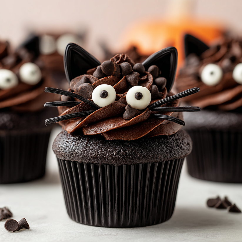 A cupcake with a black cat face on it.