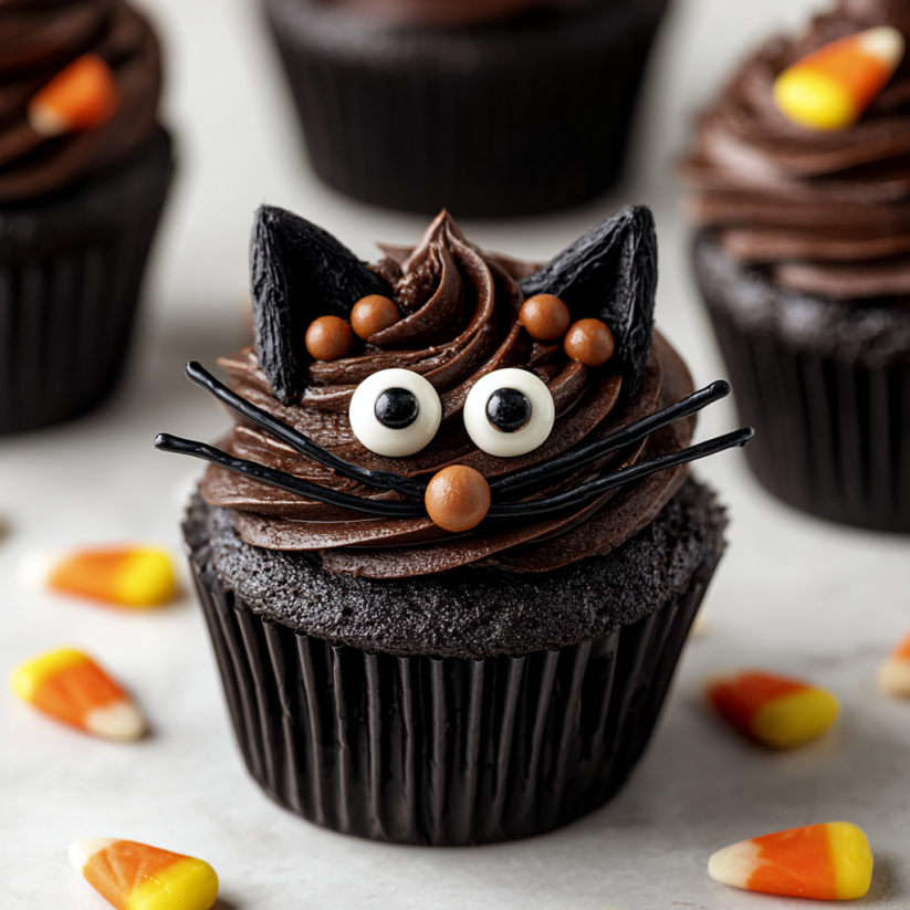 A cupcake with a black cat face on it.