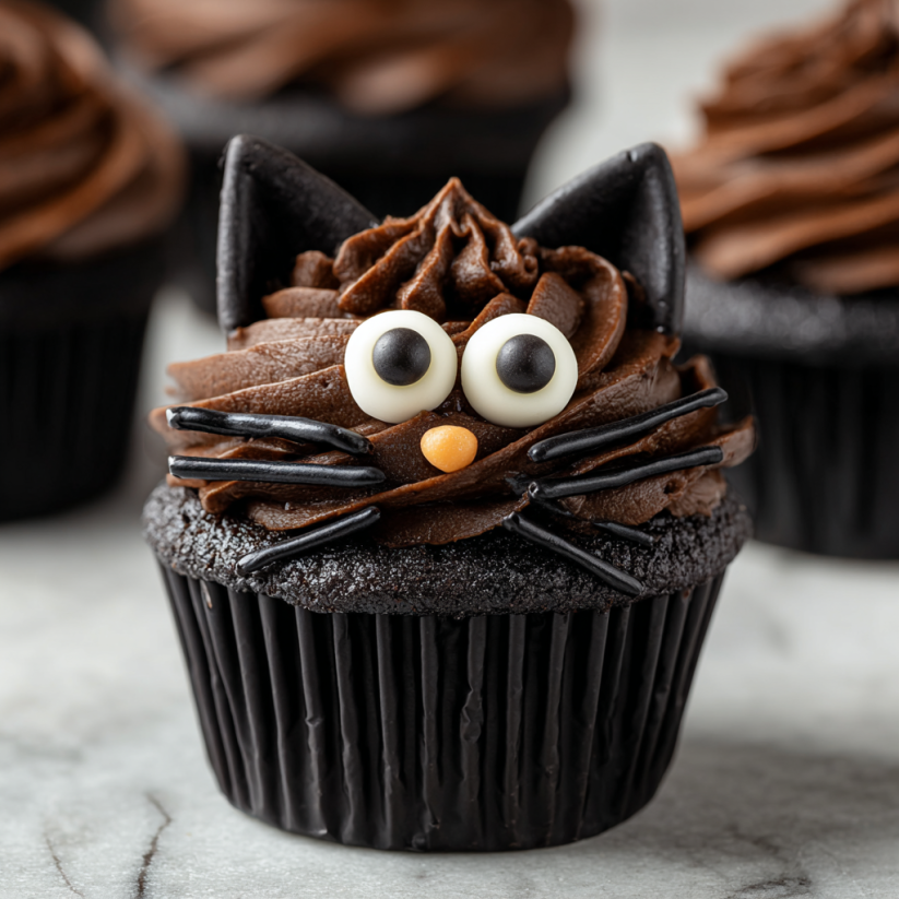 A cupcake with a black cat face on it.