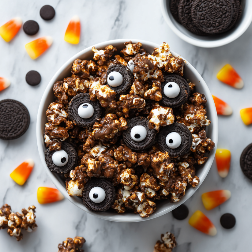 A bowl of popcorn with black and white eyes.