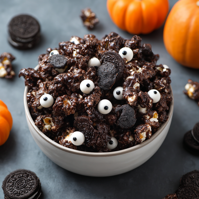 A bowl of popcorn with black and white eyes.