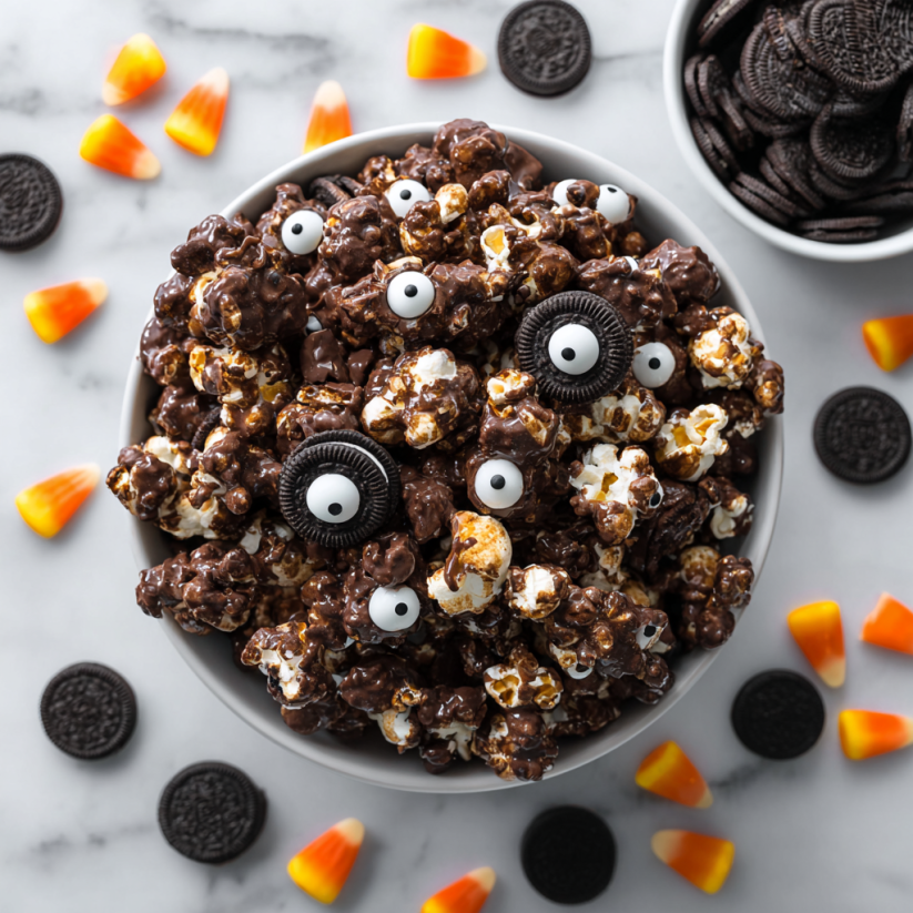A bowl of popcorn with a bat wing on top.