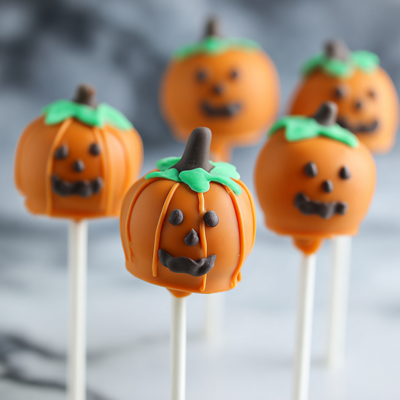 Pumpkin cake pops on a stick.