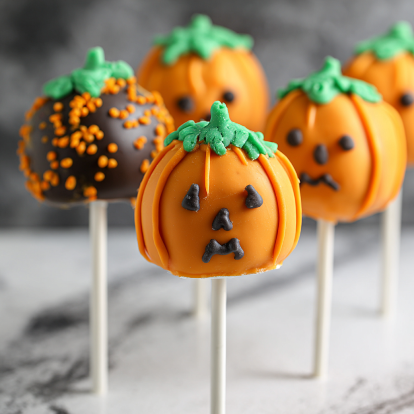 Pumpkin cake pops on a table.