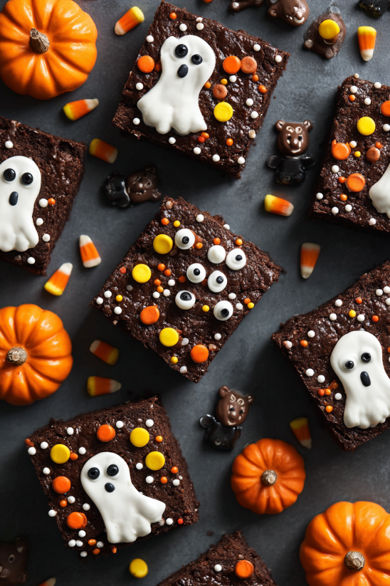 A close up of a Monster Mash brownie with a pumpkin and a ghost.