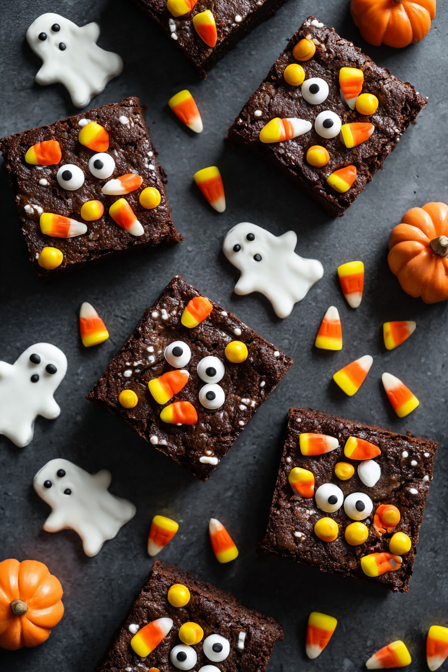 Brownies with candy eyes and pumpkin seeds.