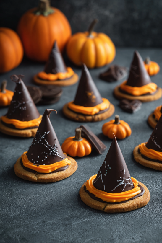 A plate of chocolate cookies with orange icing and chocolate chips.