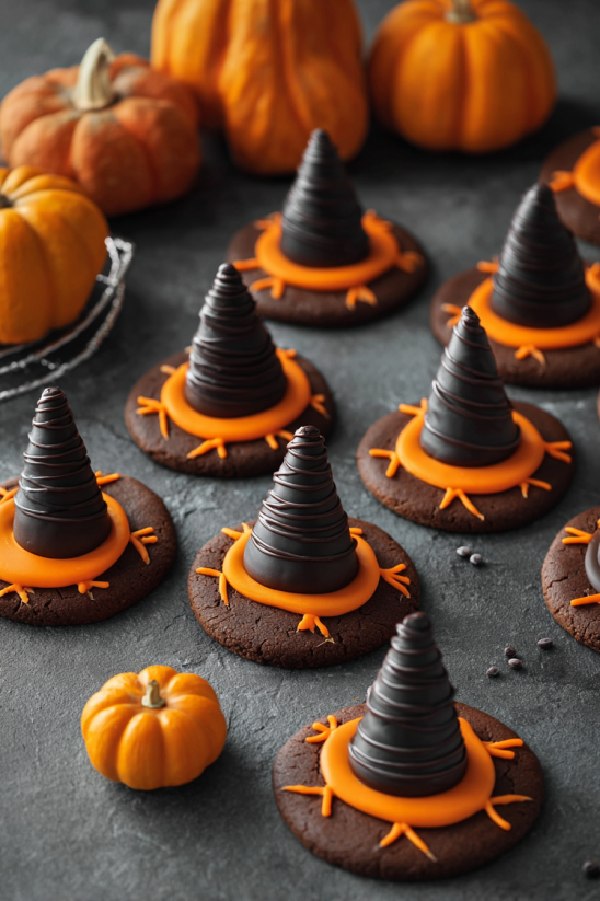A plate of cookies with witch hats on them.