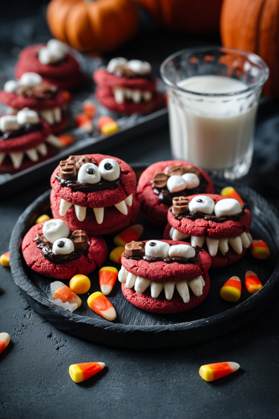 A plate of red cookies with white frosting and chocolate chips.