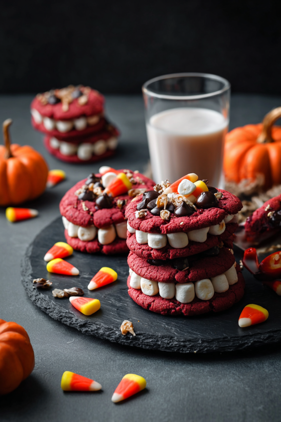 A stack of red cookies with white frosting and chocolate chips, and a glass of milk.