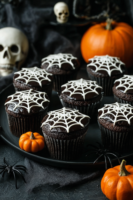 A plate of chocolate cupcakes with white icing and a spider web design.
