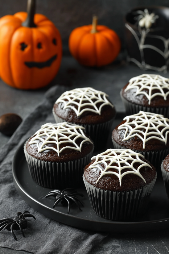 A plate of spooky spiderweb cupcakes.