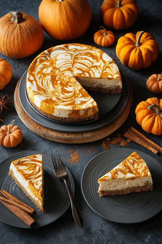 A slice of pumpkin swirl cheesecake on a plate.