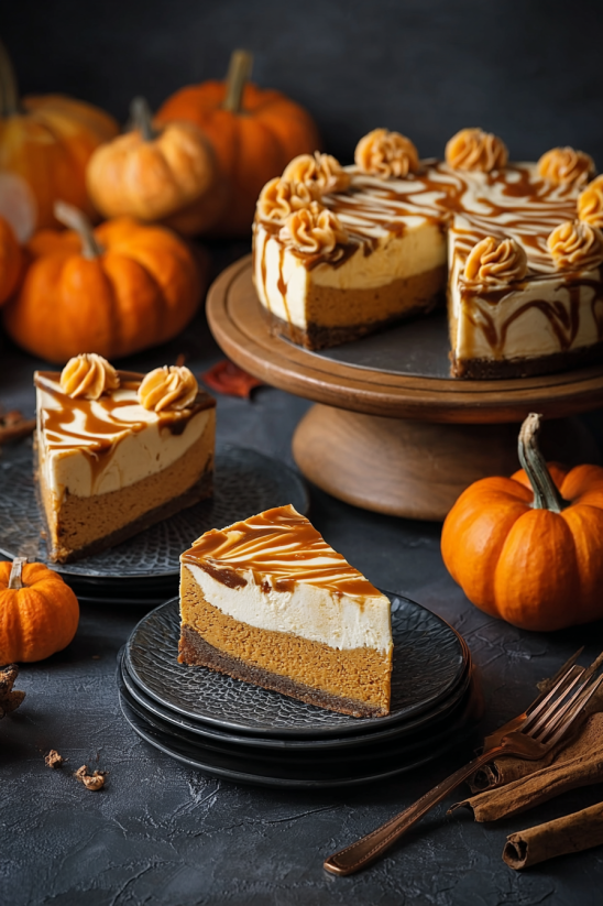 A slice of pumpkin swirl cheesecake on a plate.