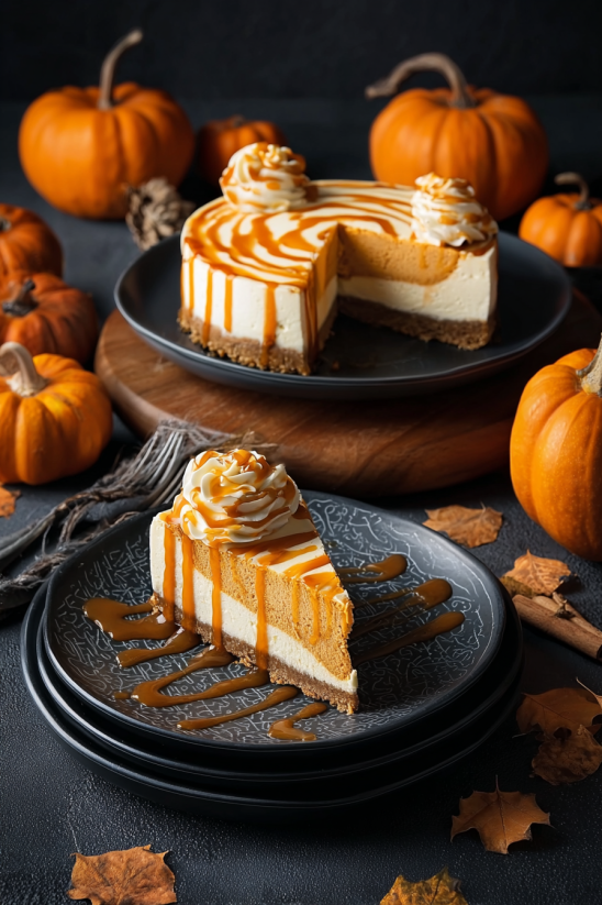A slice of pumpkin swirl cheesecake on a plate.