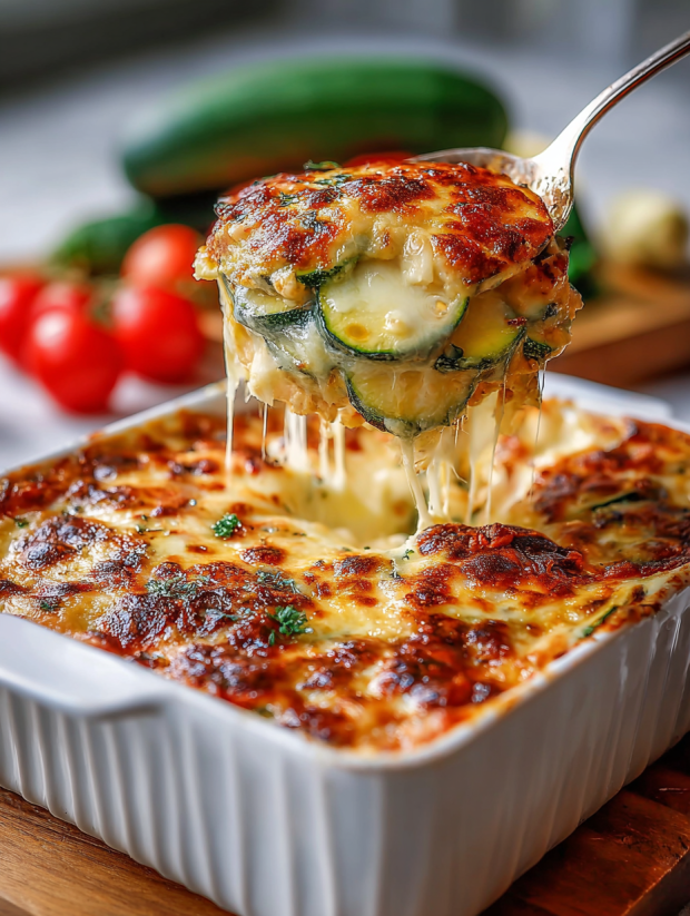 A cheesy baked zucchini casserole with a spoon in it.