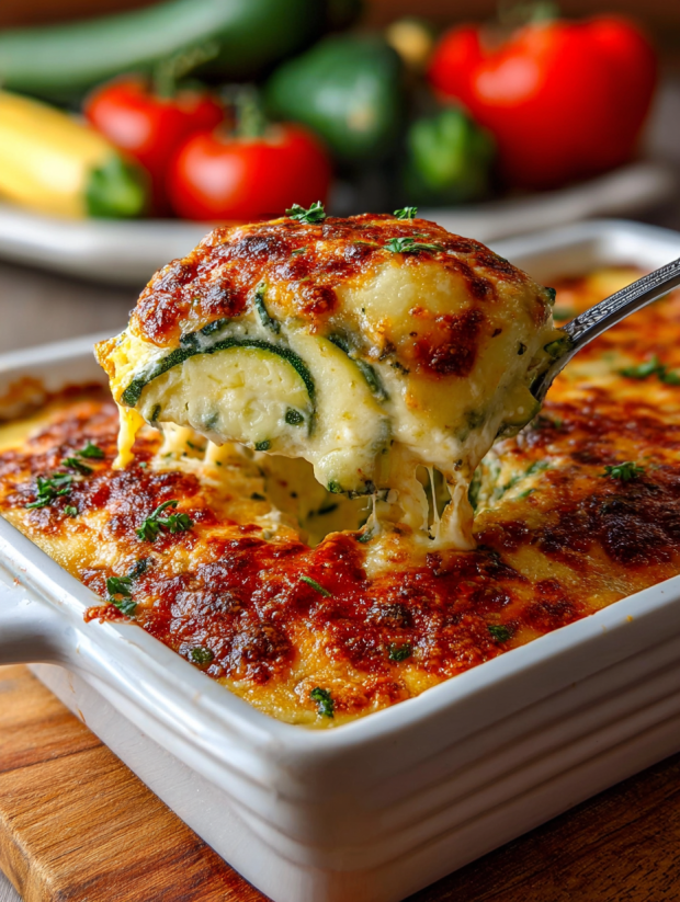 A close up of a cheesy baked zucchini casserole.