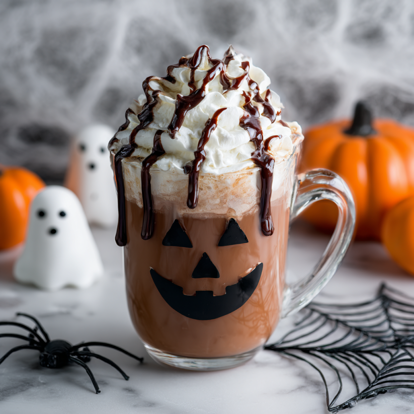 A cup of hot chocolate with a pumpkin face on it.