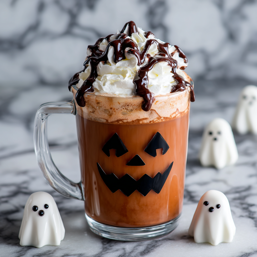 A cup of hot chocolate with a pumpkin face on it.