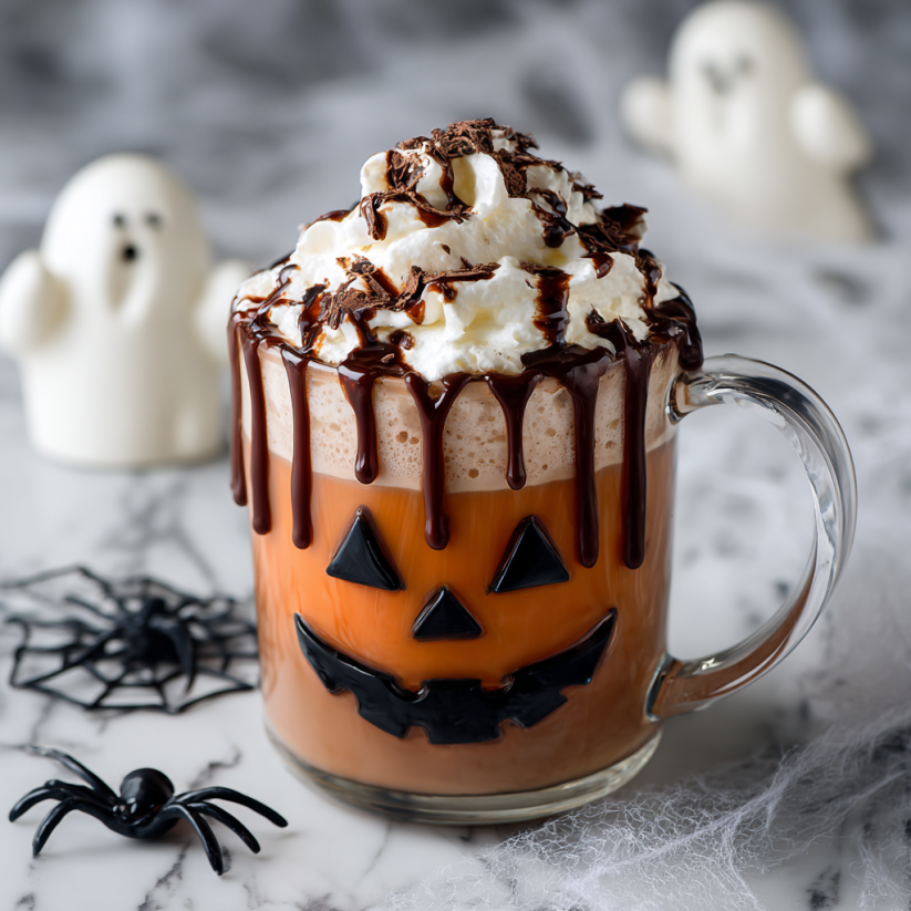A cup of hot chocolate with a pumpkin face on it.
