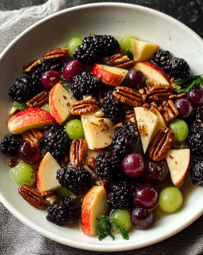 A bowl of fruit salad with blackberries, apples, grapes, and walnuts.