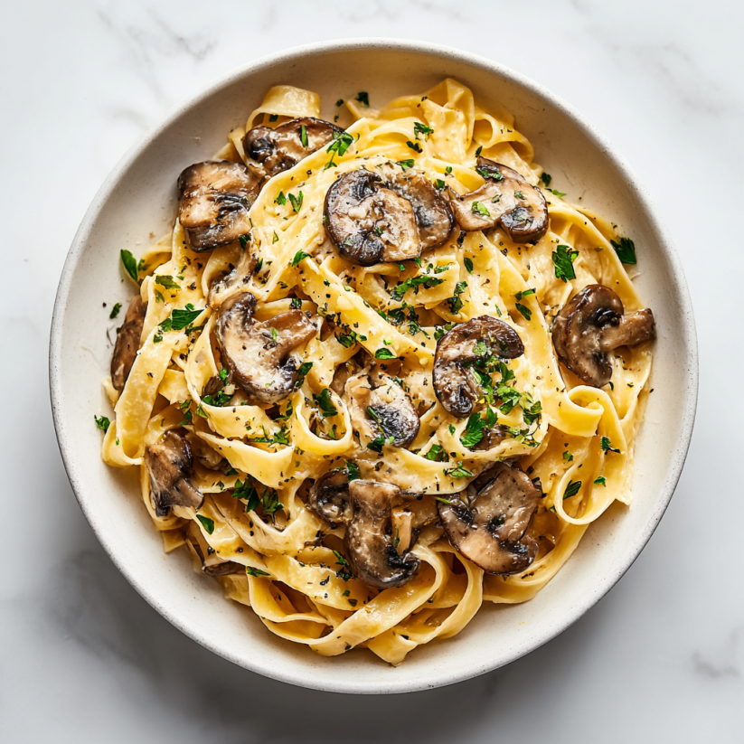 A bowl of creamy mushroom and truffle pasta.