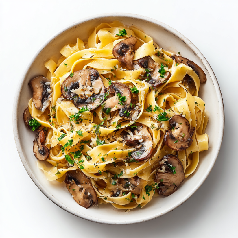 A bowl of pasta with mushrooms and truffle oil.
