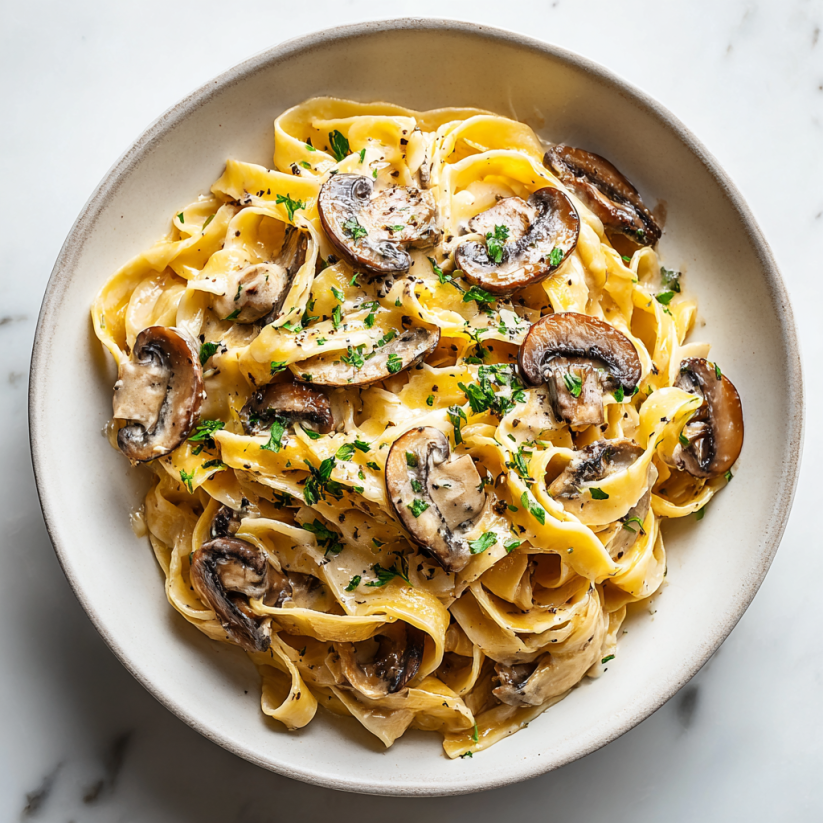 A bowl of creamy mushroom and truffle pasta.