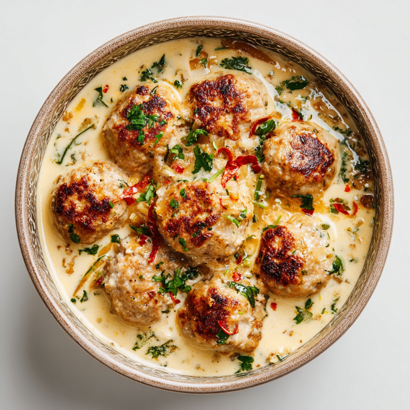 A bowl of meatballs in a creamy sauce.