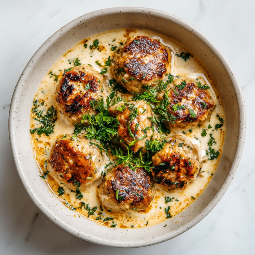 A bowl of meatballs in a creamy sauce.
