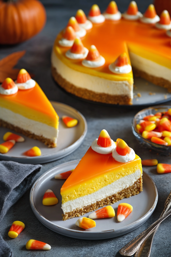 A slice of candy corn cheesecake on a plate.