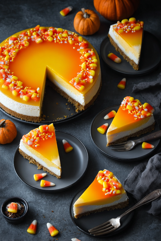 A slice of candy corn cheesecake on a plate.