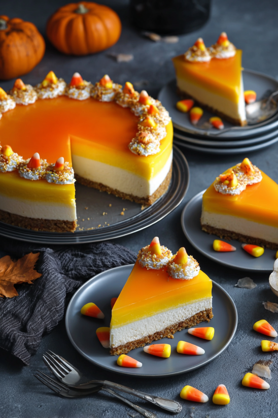 A slice of candy corn cheesecake on a plate.