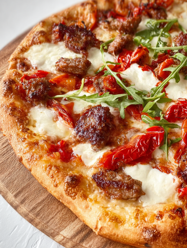 A close up of a pizza with tomatoes and cheese.