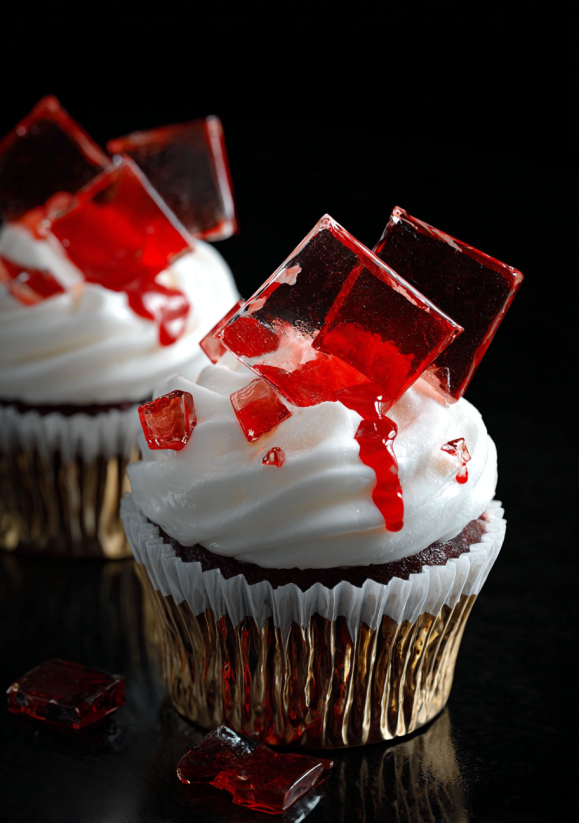 A cupcake with red frosting and a red drizzle.