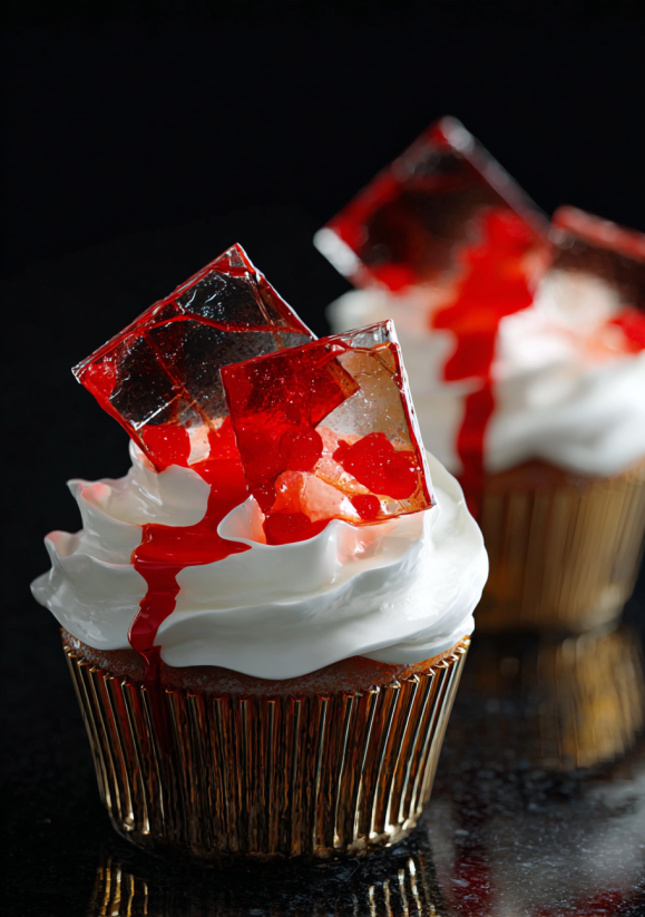 A cupcake with a red topping and a red drizzle.