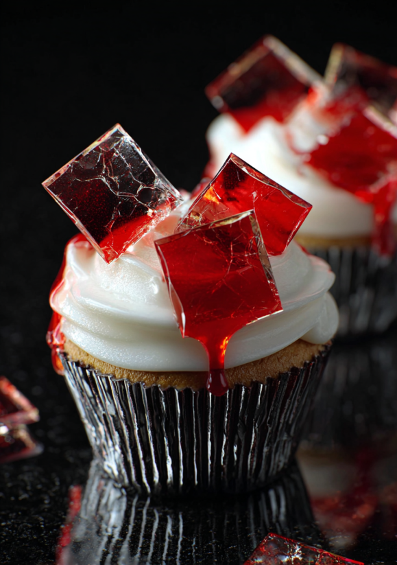 A cupcake with red frosting and a red drizzle.