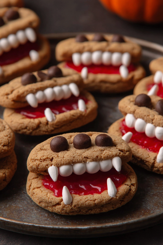 Vampire cookies with red frosting and white teeth.
