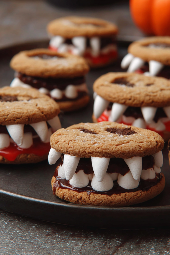 Vampire cookies with chocolate and white frosting.