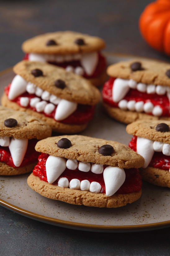 A plate of cookies with red frosting and white frosting, shaped like vampire teeth.